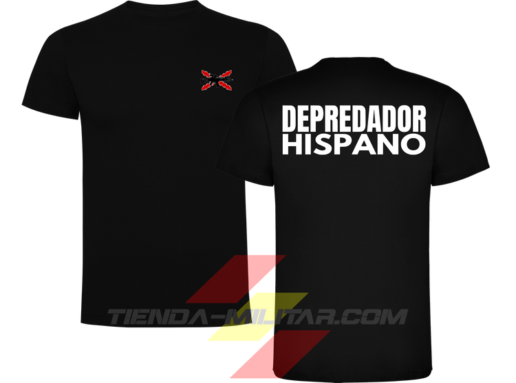Camiseta táctica de algodón, color negro de la marca Depredador Hispano. En el pecho lleva un logotipo con con la cruz de borgoña y un fusil de asalto G36 cruzado., En la espalda la frase “DEPREDADOR HISPANO”. Ropa militar de alto rendimiento con diseño reivindicativo de poder hispano.