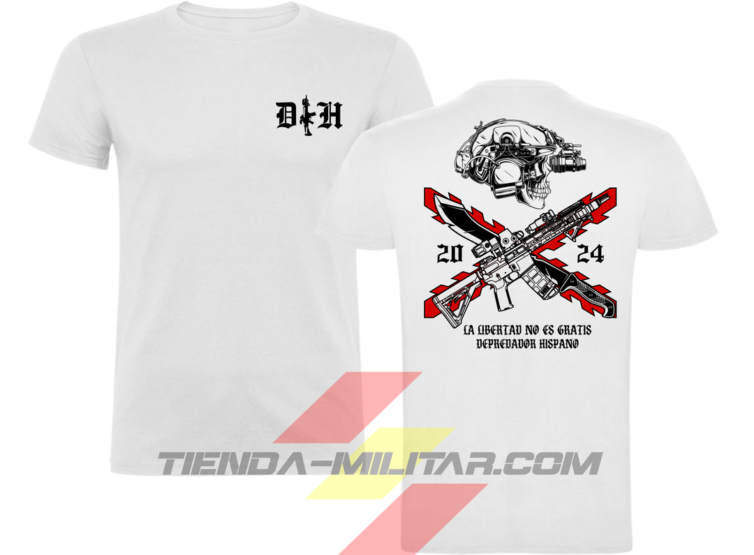 Camiseta táctica de ALGODÓN premium, color BLANCO de la marca Depredador Hispano. En el pecho lleva un logotipo con con las iniciales (DH) y un fusil de asalto G36 en vertical. En la espalda la frase “LA LIBERTAD NO ES GRATIS”. Ropa militar de alto rendimiento con diseño reivindicativo de poder hispano.