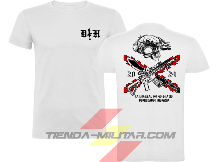 Camiseta táctica de ALGODÓN premium, color BLANCO de la marca Depredador Hispano. En el pecho lleva un logotipo con con las iniciales (DH) y un fusil de asalto G36 en vertical. En la espalda la frase “LA LIBERTAD NO ES GRATIS”. Ropa militar de alto rendimiento con diseño reivindicativo de poder hispano.
