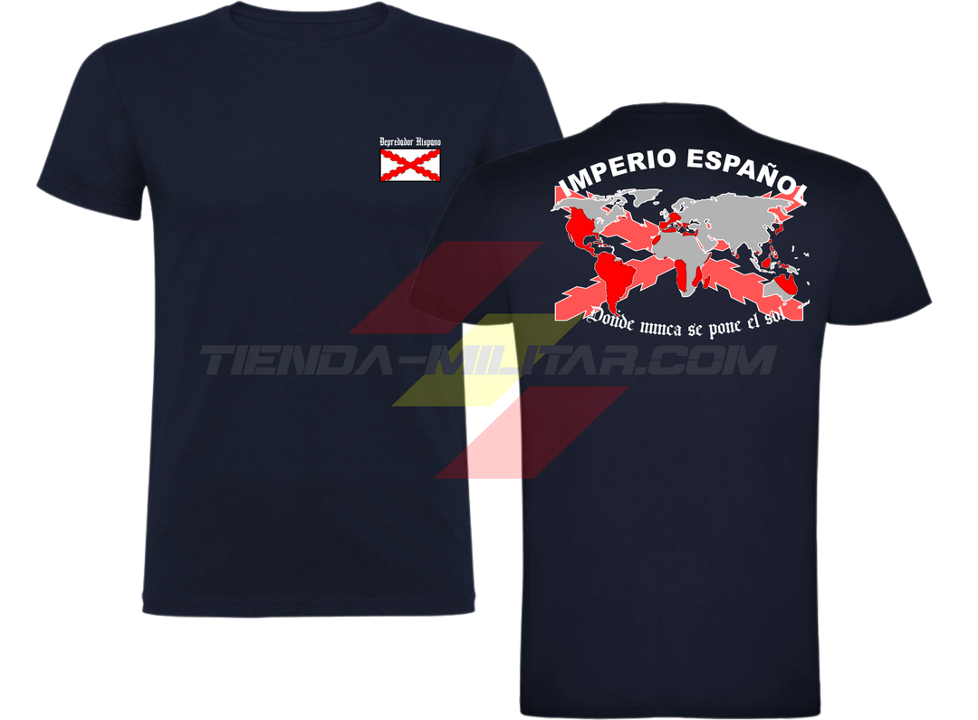 Camiseta ALGODÓN PREMIUM en color AZUL MARINO de Depredador Hispano con la bandera de la Cruz de Borgoña y el mapa mundial con el Imperio Español, Donde Nunca se Ponía el Sol.