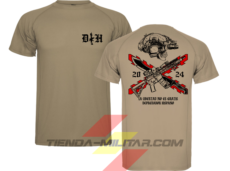 Camiseta táctica de POLIÉSTER, color ARENA OSCURO de la marca Depredador Hispano. En el pecho lleva un logotipo con con las iniciales (DH) y un fusil de asalto G36 en vertical. En la espalda la frase “LA LIBERTAD NO ES GRATIS”. Ropa militar de alto rendimiento con diseño reivindicativo de poder hispano.