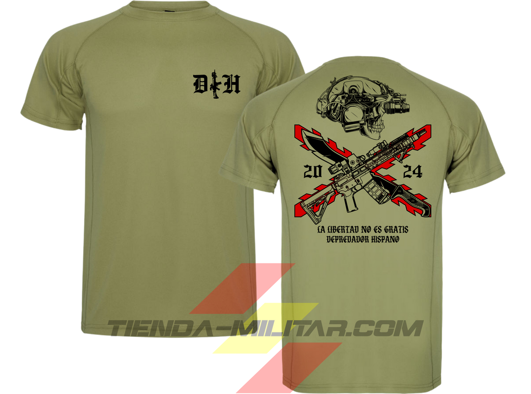Camiseta táctica de POLIÉSTER, color VERDE MILITAR de la marca Depredador Hispano. En el pecho lleva un logotipo con con las iniciales (DH) y un fusil de asalto G36 en vertical. En la espalda la frase “LA LIBERTAD NO ES GRATIS”. Ropa militar de alto rendimiento con diseño reivindicativo de poder hispano.