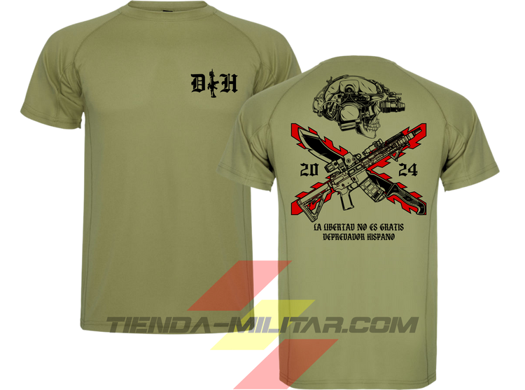 Camiseta táctica de POLIÉSTER, color VERDE MILITAR de la marca Depredador Hispano. En el pecho lleva un logotipo con con las iniciales (DH) y un fusil de asalto G36 en vertical. En la espalda la frase “LA LIBERTAD NO ES GRATIS”. Ropa militar de alto rendimiento con diseño reivindicativo de poder hispano.