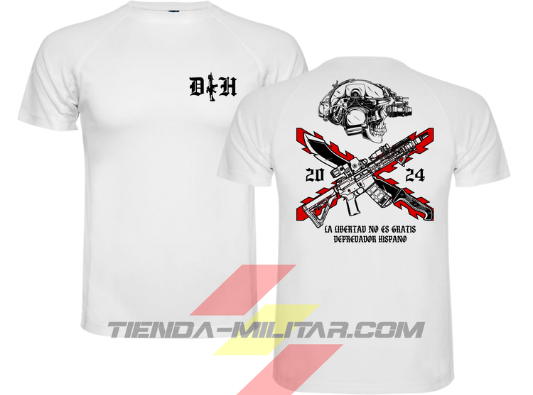 Camiseta táctica de POLIÉSTER, color BLANCO de la marca Depredador Hispano. En el pecho lleva un logotipo con con las iniciales (DH) y un fusil de asalto G36 en vertical. En la espalda la frase “LA LIBERTAD NO ES GRATIS”. Ropa militar de alto rendimiento con diseño reivindicativo de poder hispano.