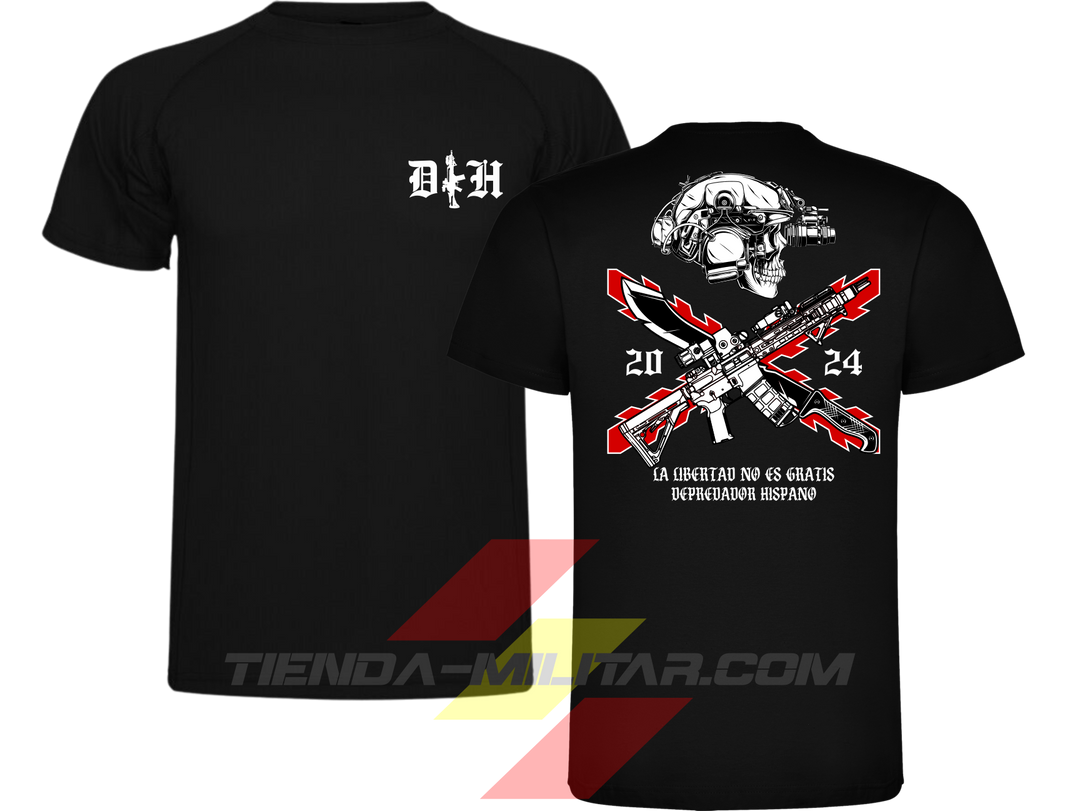 Camiseta táctica de POLIÉSTER, color NEGRO de la marca Depredador Hispano. En el pecho lleva un logotipo con con las iniciales (DH) y un fusil de asalto G36 en vertical. En la espalda la frase “LA LIBERTAD NO ES GRATIS”. Ropa militar de alto rendimiento con diseño reivindicativo de poder hispano.