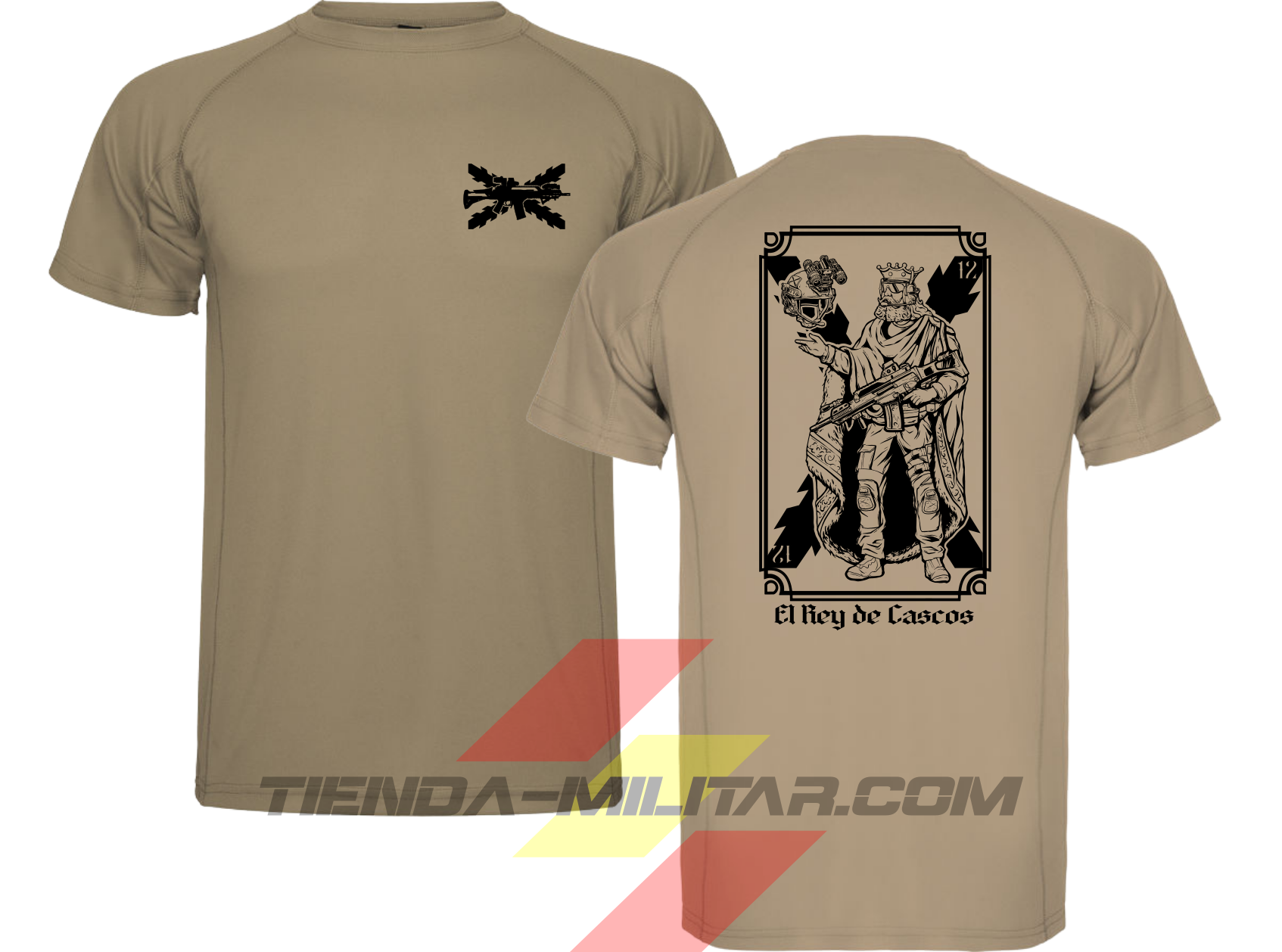 "Camisetas tácticas Depredador Hispano en color arena oscuro, con diseño del Rey de Cascos inspirado en la baraja española, ideales para entrenamiento o uso diario. Tejido técnico transpirable con mensaje de liderazgo hispano."