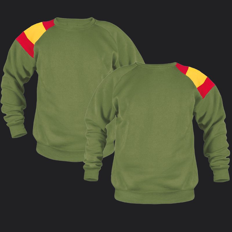 Sudadera militar personalizada verde con bandera de España en el hombro, delante y detrás