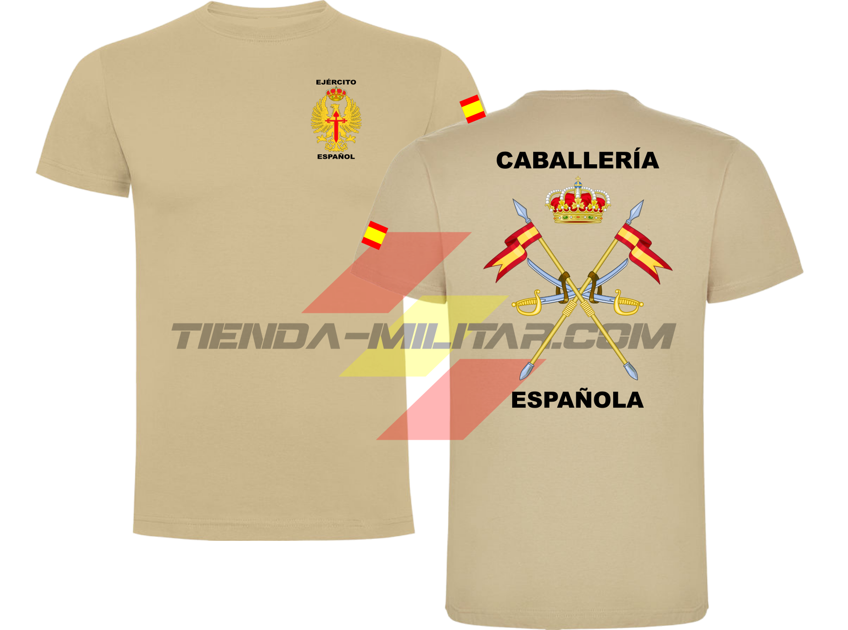 Camiseta de ALGODÓN PRIMUM en color ARENA de la Caballería Militar Española. En el pecho lleva el escudo del Ejercito de Tierra con el titulo  "Ejercito Español". En la manga una bandera de España. Y en la espala el escudo de la caballería con el titulo de "Caballería Española". 
