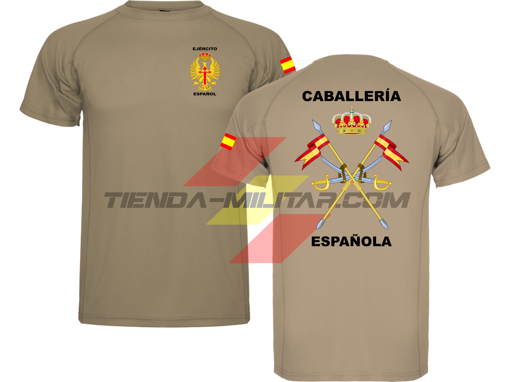 Camiseta TÉCNICA en color ARENA de la Caballería Militar Española. En el pecho lleva el escudo del Ejercito de Tierra con el titulo  "Ejercito Español". En la manga una bandera de España. Y en la espala el escudo de la caballería con el titulo de "Caballería Española". 