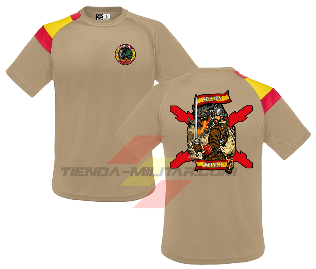 Ejemplo de personalización con nombre y empleo en camiseta técnica militar bandera de España