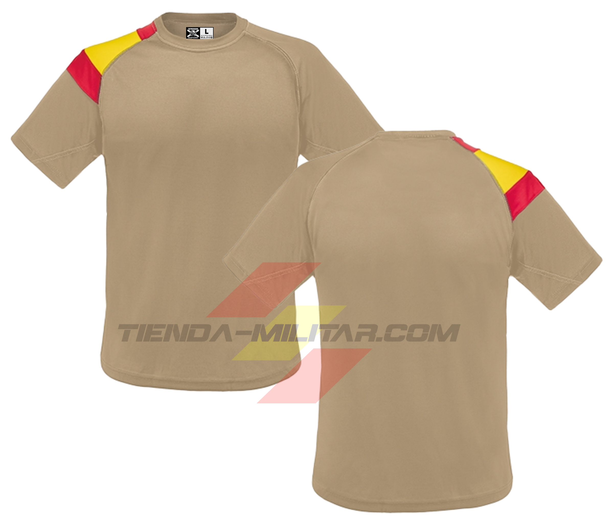 Camiseta técnica militar personalizada color arena con bandera de España bordada en el hombro