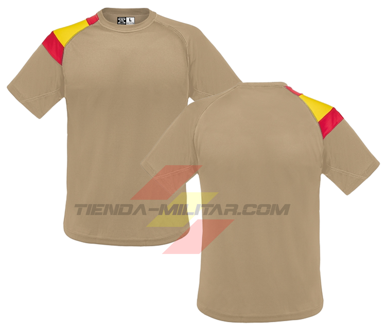 Camiseta técnica militar personalizada color arena con bandera de España bordada en el hombro