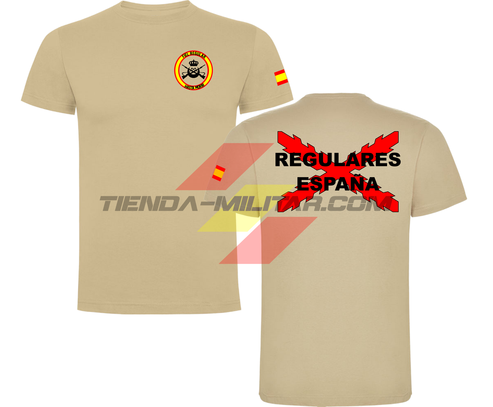 Camiseta ALGODÓN PREMIUM en color ARENA de las Tropas Regulares del Ejercito Español. En el pecho lleva su escudo con su lema "Fiel Regular Hasta Morir". Y en la espala la Cruz De Borgoña con el titulo de "Regulares España"