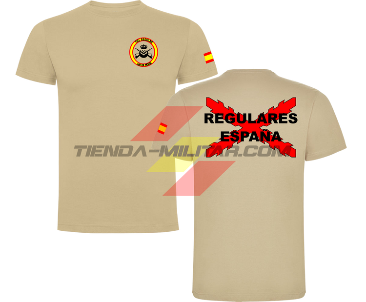 Camiseta ALGODÓN PREMIUM en color ARENA de las Tropas Regulares del Ejercito Español. En el pecho lleva su escudo con su lema "Fiel Regular Hasta Morir". Y en la espala la Cruz De Borgoña con el titulo de "Regulares España"