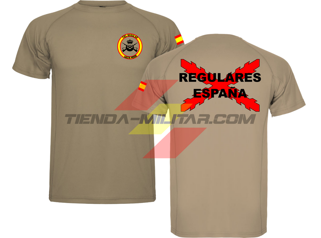 Camiseta TÉCNICA en color ARENA de las Tropas Regulares del Ejercito Español. En el pecho lleva su escudo con su lema "Fiel Regular Hasta Morir". Y en la espala la Cruz De Borgoña con el titulo de "Regulares España"