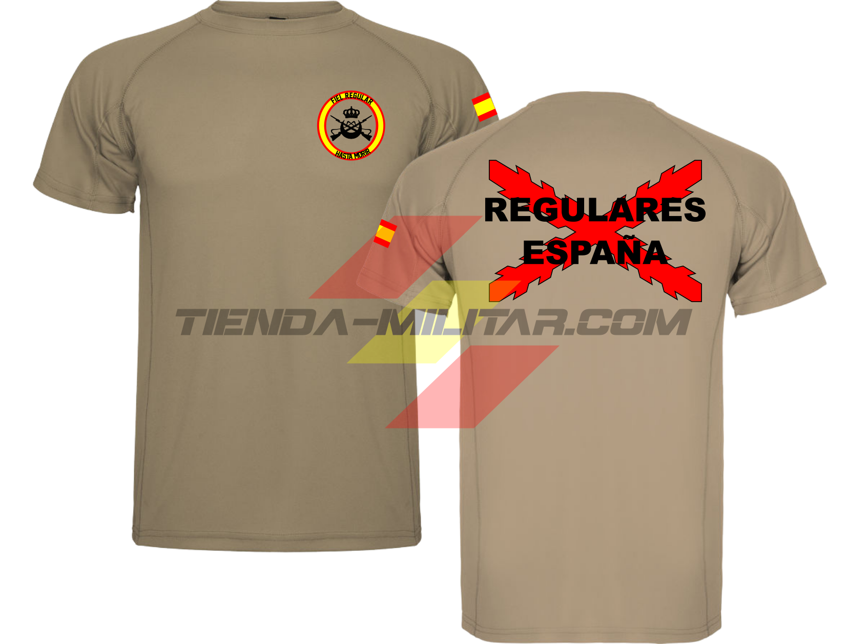 Camiseta TÉCNICA en color ARENA de las Tropas Regulares del Ejercito Español. En el pecho lleva su escudo con su lema "Fiel Regular Hasta Morir". Y en la espala la Cruz De Borgoña con el titulo de "Regulares España"