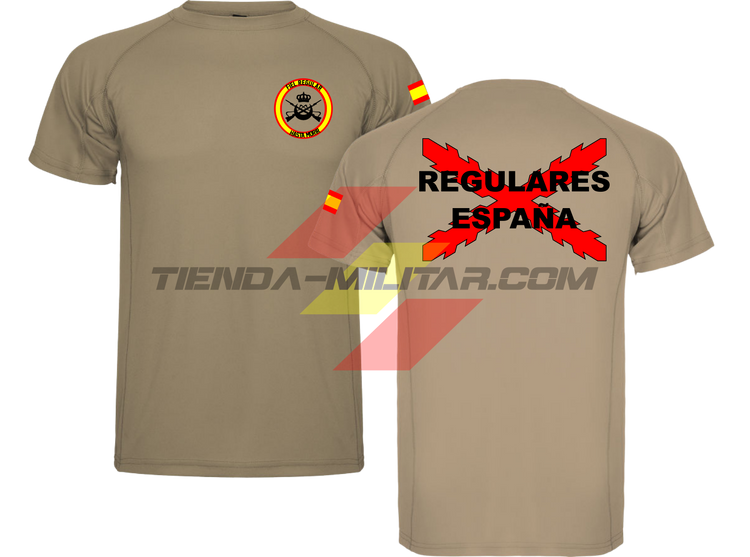 Camiseta TÉCNICA en color ARENA de las Tropas Regulares del Ejercito Español. En el pecho lleva su escudo con su lema "Fiel Regular Hasta Morir". Y en la espala la Cruz De Borgoña con el titulo de "Regulares España"