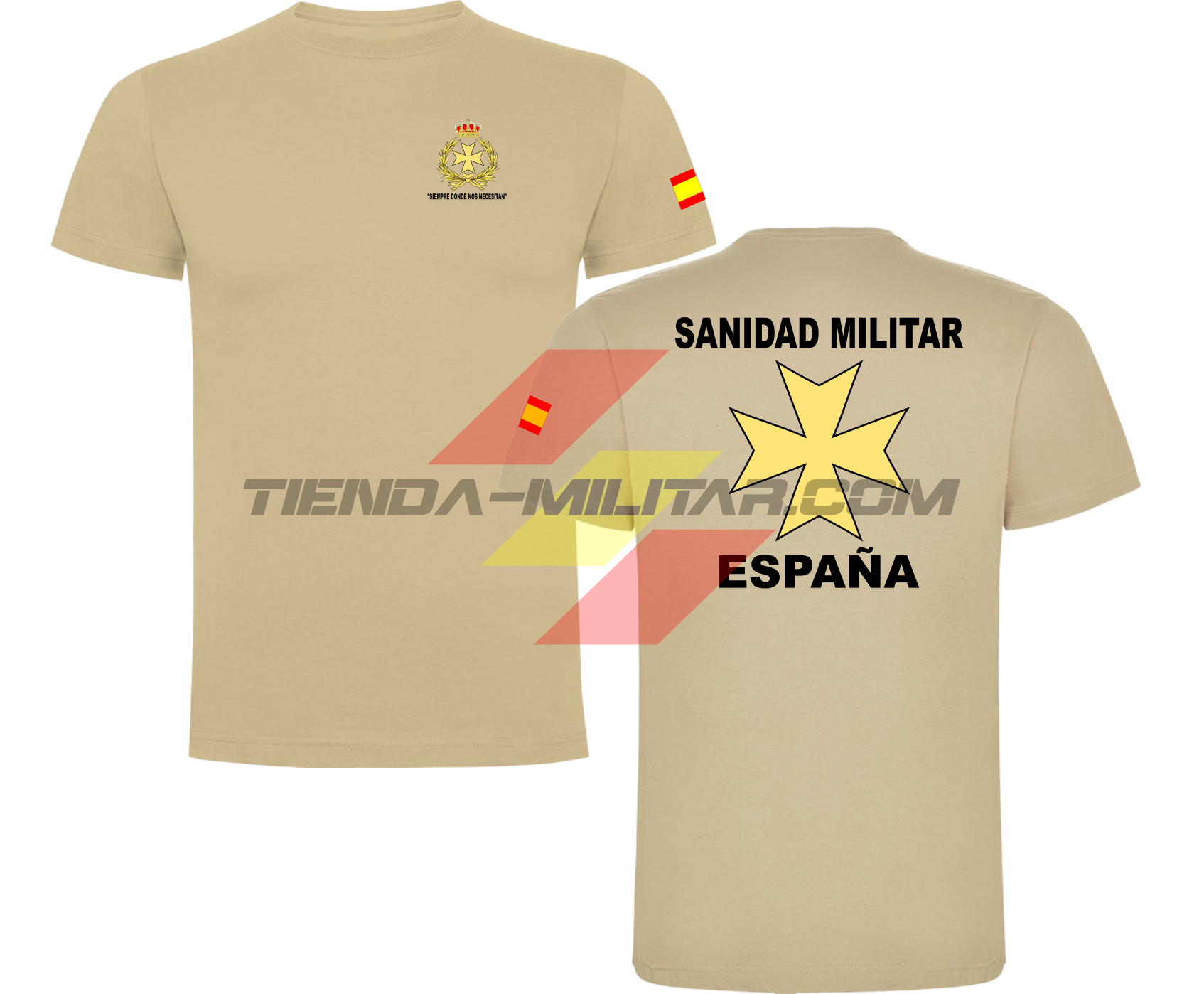 Camiseta ALGODÓN PREMIUM en color ARENA de la Sanidad Militar Española. En el pecho lleva su escudo con su lema "Siempre Donde Nos Necesiten". Y en la espala la Cruz De Malta con el titulo de "Sanidad Militar Española"
