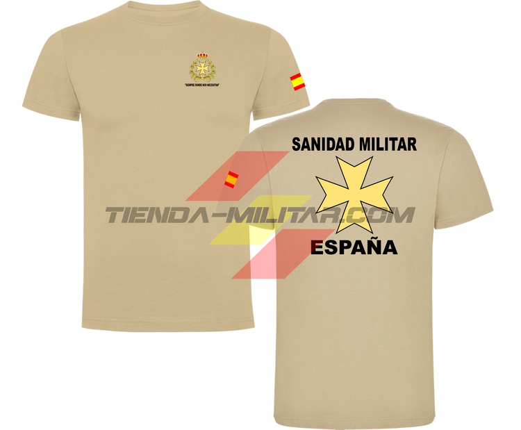 Camiseta ALGODÓN PREMIUM en color ARENA de la Sanidad Militar Española. En el pecho lleva su escudo con su lema "Siempre Donde Nos Necesiten". Y en la espala la Cruz De Malta con el titulo de "Sanidad Militar Española"