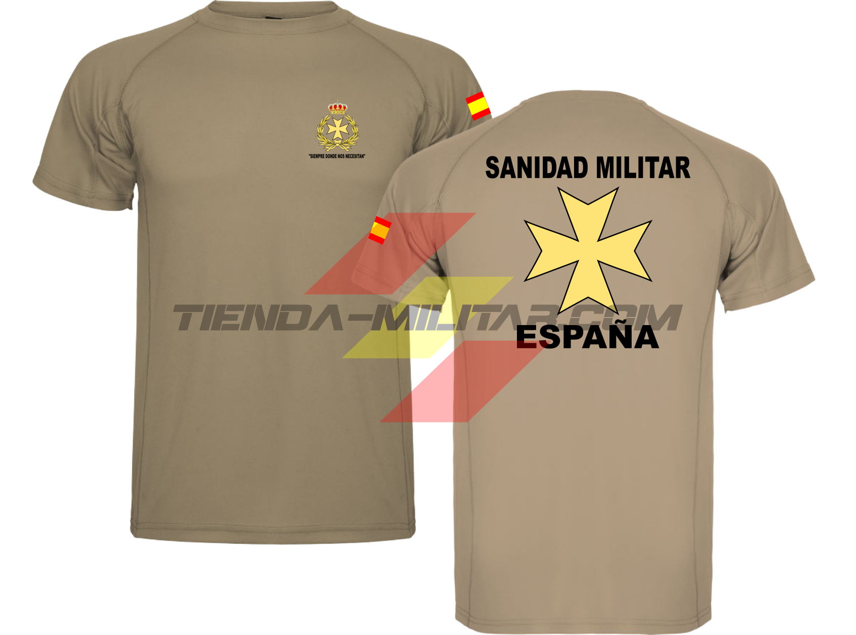 Camiseta TÉCNICA en color ARENA de la Sanidad Militar Española. En el pecho lleva su escudo con su lema "Siempre Donde Nos Necesiten". Y en la espala la Cruz De Malta con el titulo de "Sanidad Militar Española"