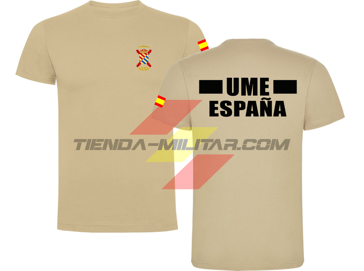 Camiseta de algodón militar UME color arena con escudo UME en el pecho, bandera de España en el hombro y texto UME España en la espalda