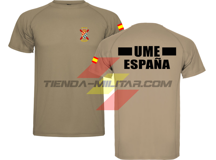 Camiseta técnica militar UME color arena oscuro con escudo UME en el pecho, bandera de España en el hombro y texto UME España en la espalda