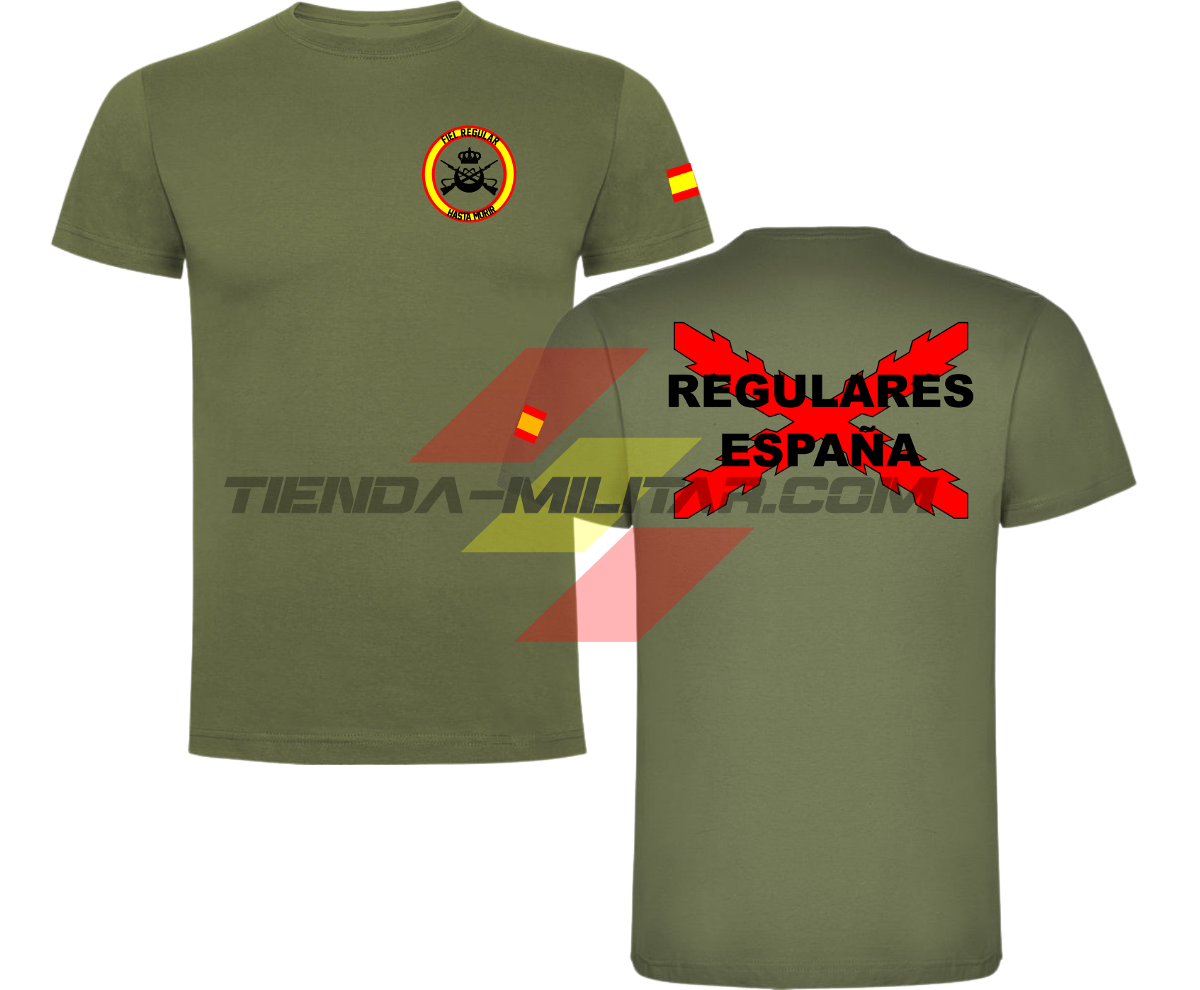 Camiseta ALGODÓN PREMIUM en color VERDE MILITAR de las Tropas Regulares del Ejercito Español. En el pecho lleva su escudo con su lema "Fiel Regular Hasta Morir". Y en la espala la Cruz De Borgoña con el titulo de "Regulares España"