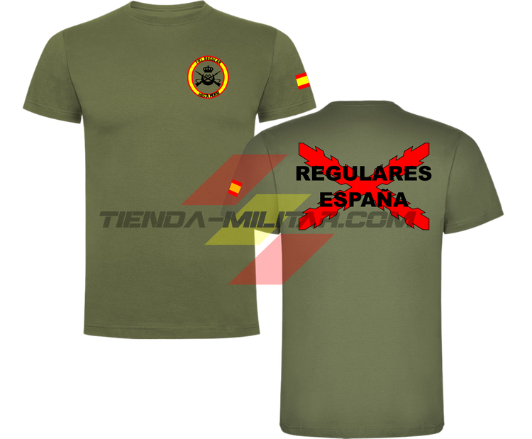 Camiseta ALGODÓN PREMIUM en color VERDE MILITAR de las Tropas Regulares del Ejercito Español. En el pecho lleva su escudo con su lema "Fiel Regular Hasta Morir". Y en la espala la Cruz De Borgoña con el titulo de "Regulares España"