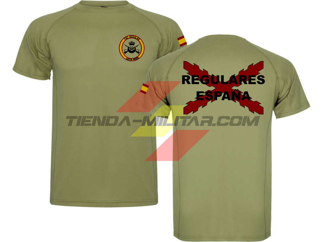 Camiseta TÉCNICA en color VERDE MILITAR de las Tropas Regulares del Ejercito Español. En el pecho lleva su escudo con su lema "Fiel Regular Hasta Morir". Y en la espala la Cruz De Borgoña con el titulo de "Regulares España"