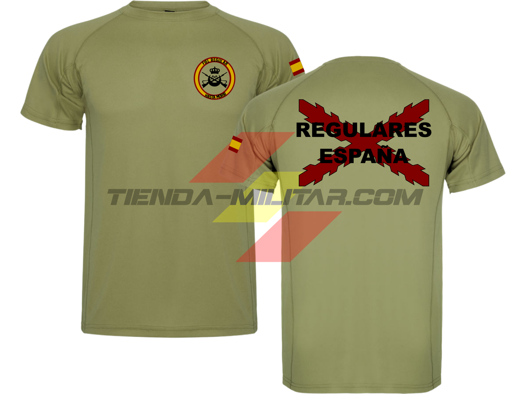 Camiseta TÉCNICA en color VERDE MILITAR de las Tropas Regulares del Ejercito Español. En el pecho lleva su escudo con su lema "Fiel Regular Hasta Morir". Y en la espala la Cruz De Borgoña con el titulo de "Regulares España"