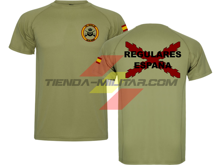 Camiseta TÉCNICA en color VERDE MILITAR de las Tropas Regulares del Ejercito Español. En el pecho lleva su escudo con su lema "Fiel Regular Hasta Morir". Y en la espala la Cruz De Borgoña con el titulo de "Regulares España"