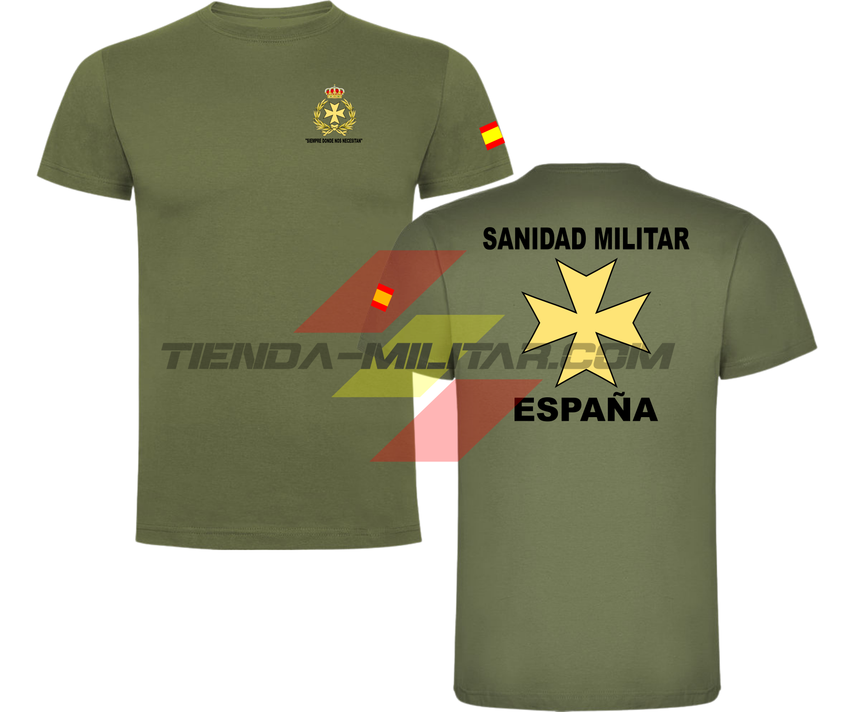 Camiseta ALGODÓN PREMIUM en color VERDE MILITAR de la Sanidad Militar Española. En el pecho lleva su escudo con su lema "Siempre Donde Nos Necesiten". Y en la espala la Cruz De Malta con el titulo de "Sanidad Militar Española"