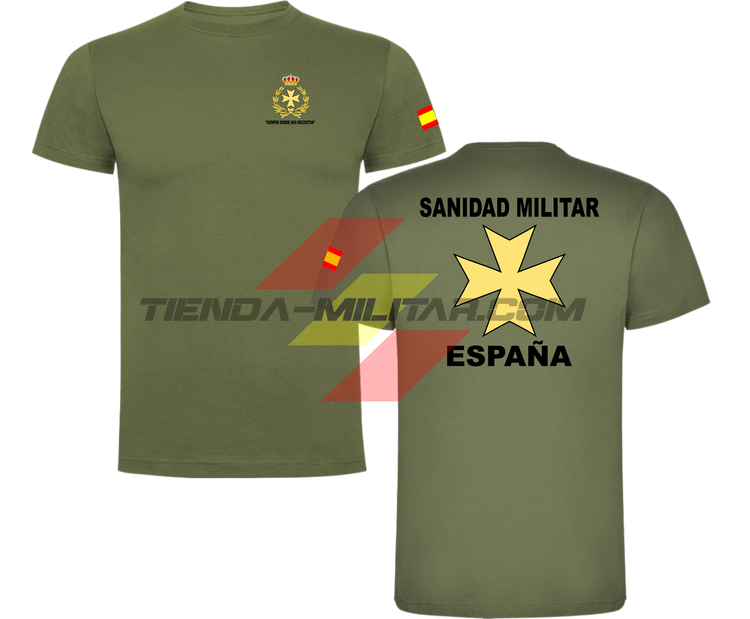Camiseta ALGODÓN PREMIUM en color VERDE MILITAR de la Sanidad Militar Española. En el pecho lleva su escudo con su lema "Siempre Donde Nos Necesiten". Y en la espala la Cruz De Malta con el titulo de "Sanidad Militar Española"