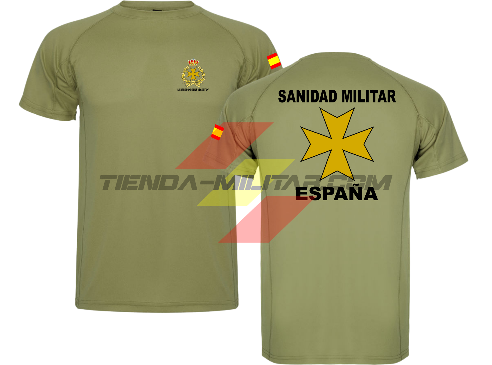 Camiseta TÉCNICA en color VERDE MILITAR de la Sanidad Militar Española. En el pecho lleva su escudo con su lema "Siempre Donde Nos Necesiten". Y en la espala la Cruz De Malta con el titulo de "Sanidad Militar Española"