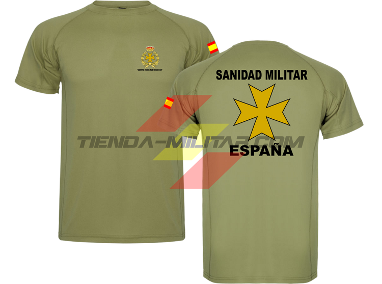 Camiseta TÉCNICA en color VERDE MILITAR de la Sanidad Militar Española. En el pecho lleva su escudo con su lema "Siempre Donde Nos Necesiten". Y en la espala la Cruz De Malta con el titulo de "Sanidad Militar Española"
