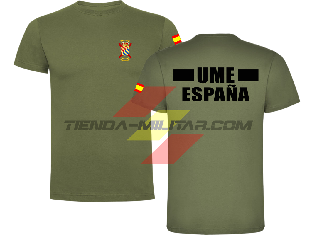 Camiseta de algodón militar UME color verde militar con escudo UME en el pecho, bandera de España en el hombro y texto UME España en la espalda