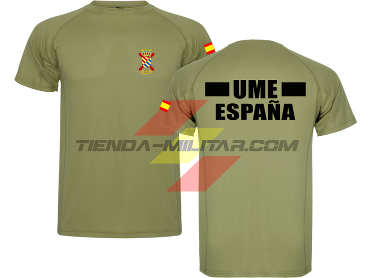 Camiseta técnica militar UME color verde militar con escudo UME en el pecho, bandera de España en el hombro y texto UME España en la espalda