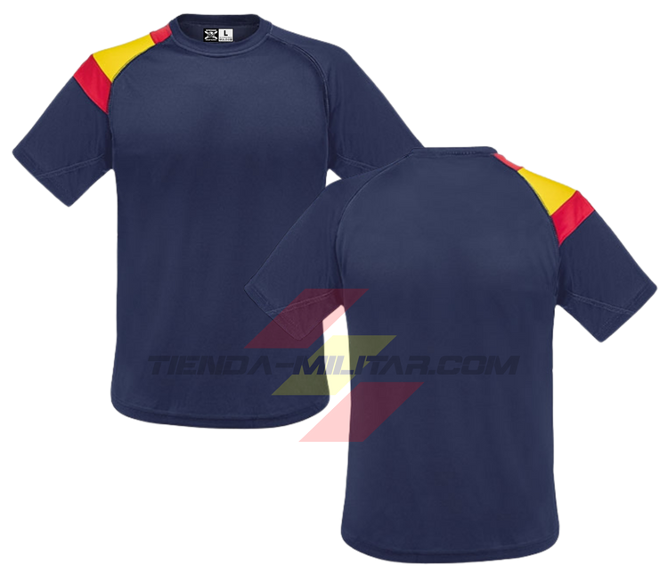 Camiseta técnica militar personalizada azul marino con bandera de España en el hombro