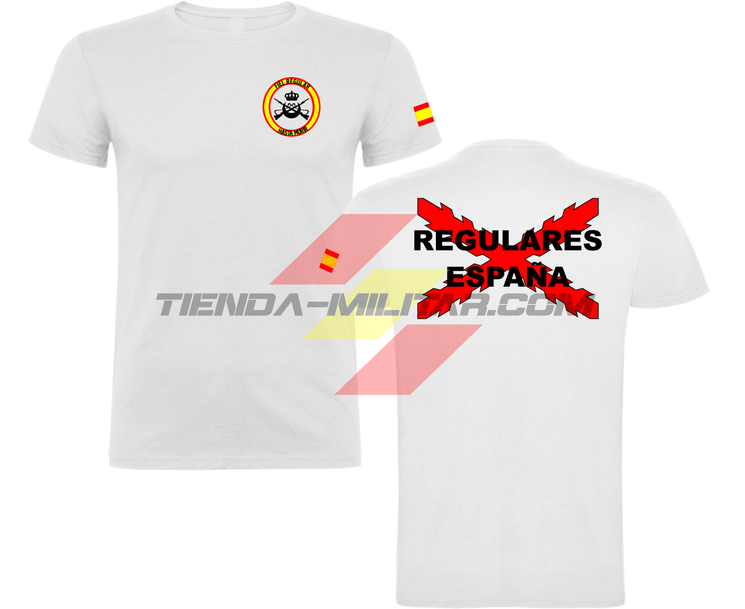 Camiseta ALGODÓN PREMIUM en color BLANCO de las Tropas Regulares del Ejercito Español. En el pecho lleva su escudo con su lema "Fiel Regular Hasta Morir". Y en la espala la Cruz De Borgoña con el titulo de "Regulares España"