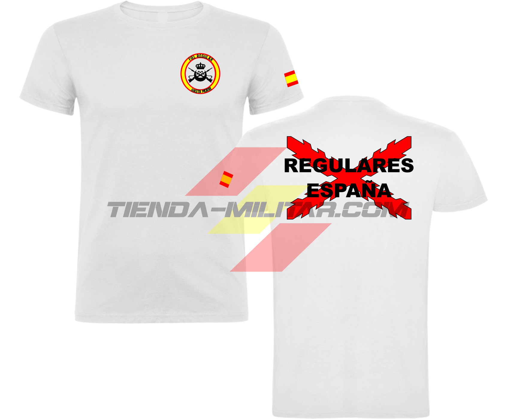 Camiseta ALGODÓN PREMIUM en color BLANCO de las Tropas Regulares del Ejercito Español. En el pecho lleva su escudo con su lema "Fiel Regular Hasta Morir". Y en la espala la Cruz De Borgoña con el titulo de "Regulares España"