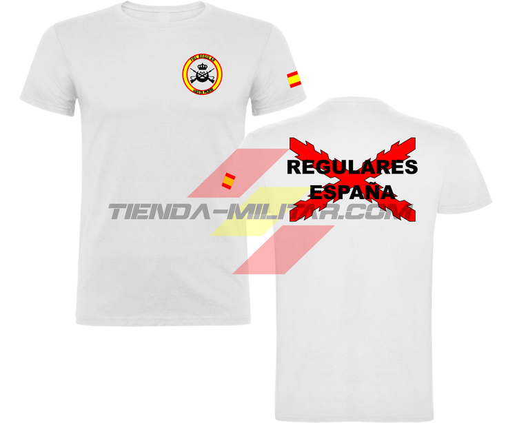 Camiseta ALGODÓN PREMIUM en color BLANCO de las Tropas Regulares del Ejercito Español. En el pecho lleva su escudo con su lema "Fiel Regular Hasta Morir". Y en la espala la Cruz De Borgoña con el titulo de "Regulares España"