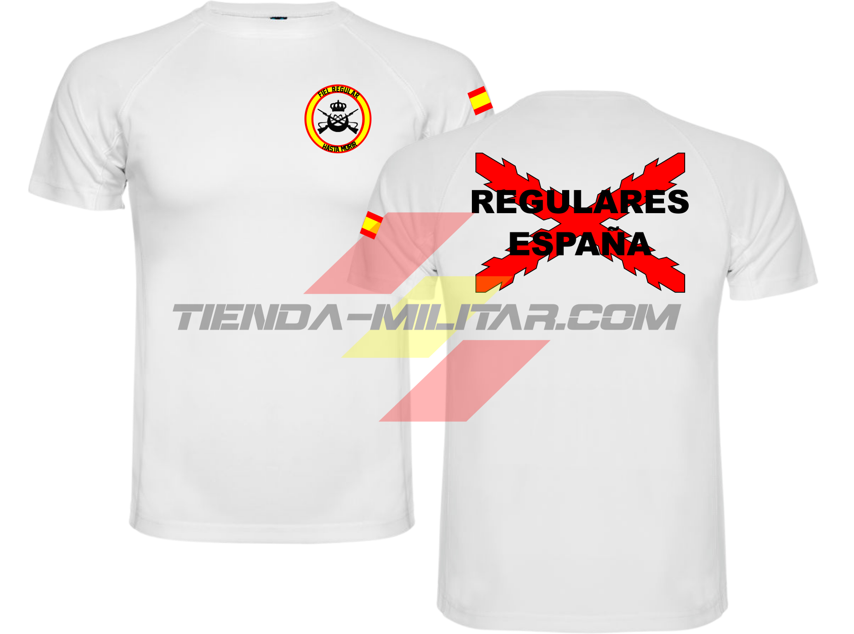 Camiseta TÉCNICA en color BLANCO de las Tropas Regulares del Ejercito Español. En el pecho lleva su escudo con su lema "Fiel Regular Hasta Morir". Y en la espala la Cruz De Borgoña con el titulo de "Regulares España"
