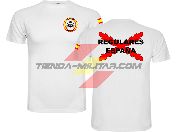 Camiseta TÉCNICA en color BLANCO de las Tropas Regulares del Ejercito Español. En el pecho lleva su escudo con su lema "Fiel Regular Hasta Morir". Y en la espala la Cruz De Borgoña con el titulo de "Regulares España"