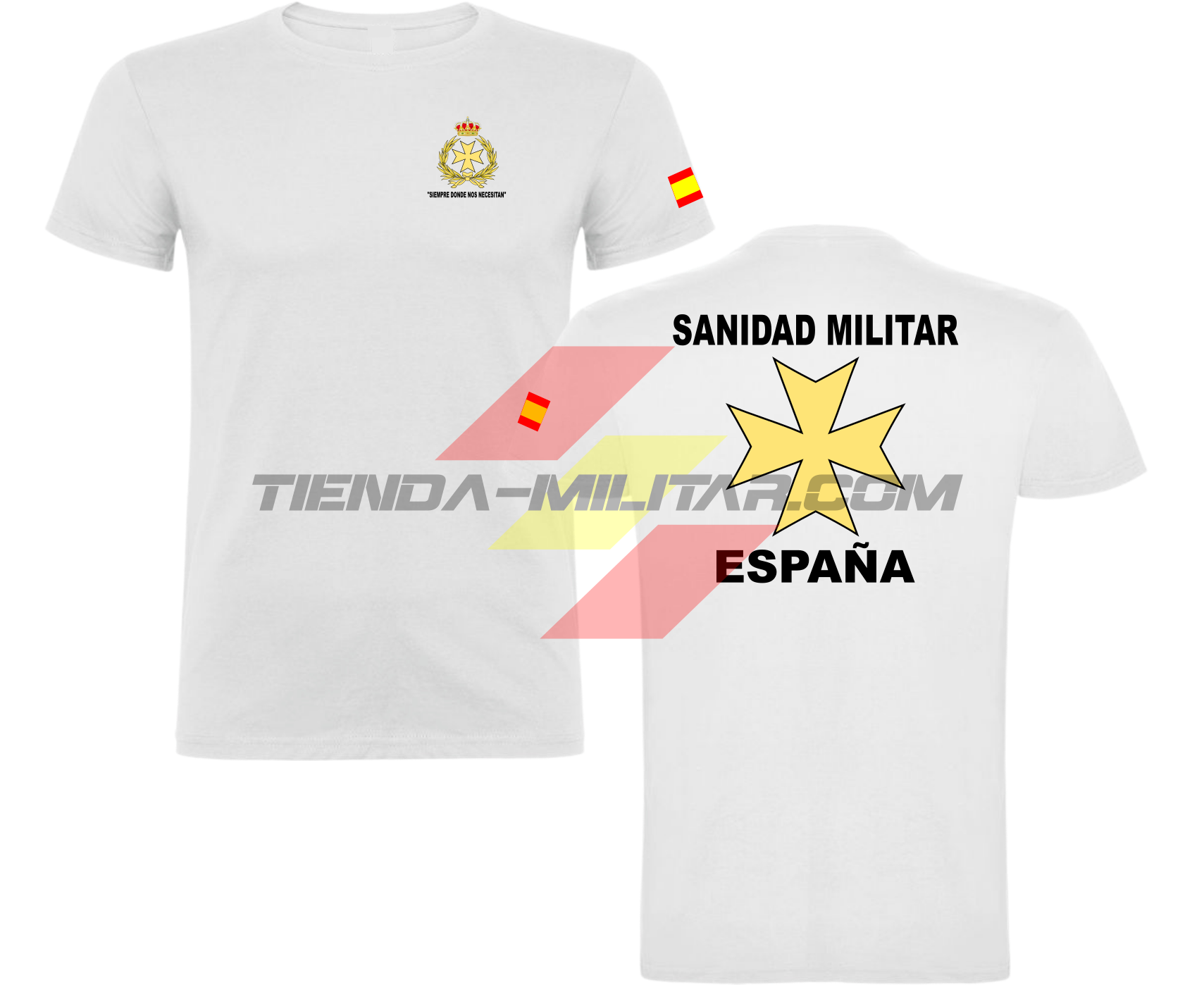 Camiseta ALGODÓN PREMIUM en color BLANCO de la Sanidad Militar Española. En el pecho lleva su escudo con su lema "Siempre Donde Nos Necesiten". Y en la espala la Cruz De Malta con el titulo de "Sanidad Militar Española"