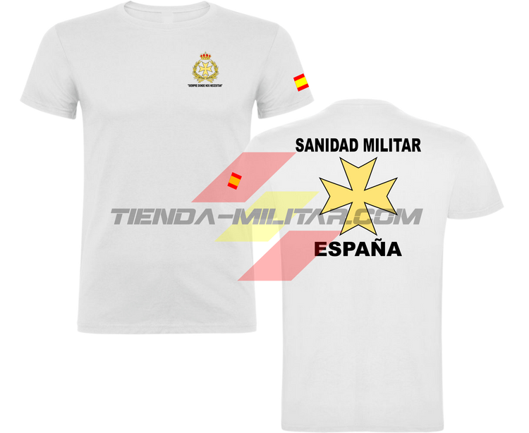 Camiseta ALGODÓN PREMIUM en color BLANCO de la Sanidad Militar Española. En el pecho lleva su escudo con su lema "Siempre Donde Nos Necesiten". Y en la espala la Cruz De Malta con el titulo de "Sanidad Militar Española"