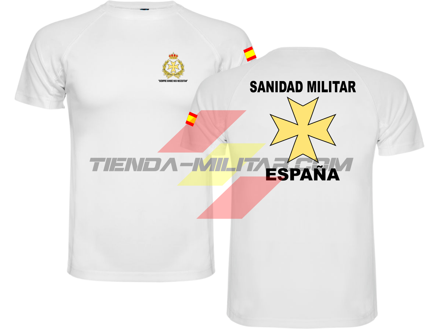 Camiseta TÉCNICA en color BLANCA de la Sanidad Militar Española. En el pecho lleva su escudo con su lema "Siempre Donde Nos Necesiten". Y en la espala la Cruz De Malta con el titulo de "Sanidad Militar Española"