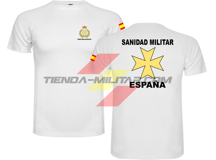 Camiseta TÉCNICA en color BLANCA de la Sanidad Militar Española. En el pecho lleva su escudo con su lema "Siempre Donde Nos Necesiten". Y en la espala la Cruz De Malta con el titulo de "Sanidad Militar Española"