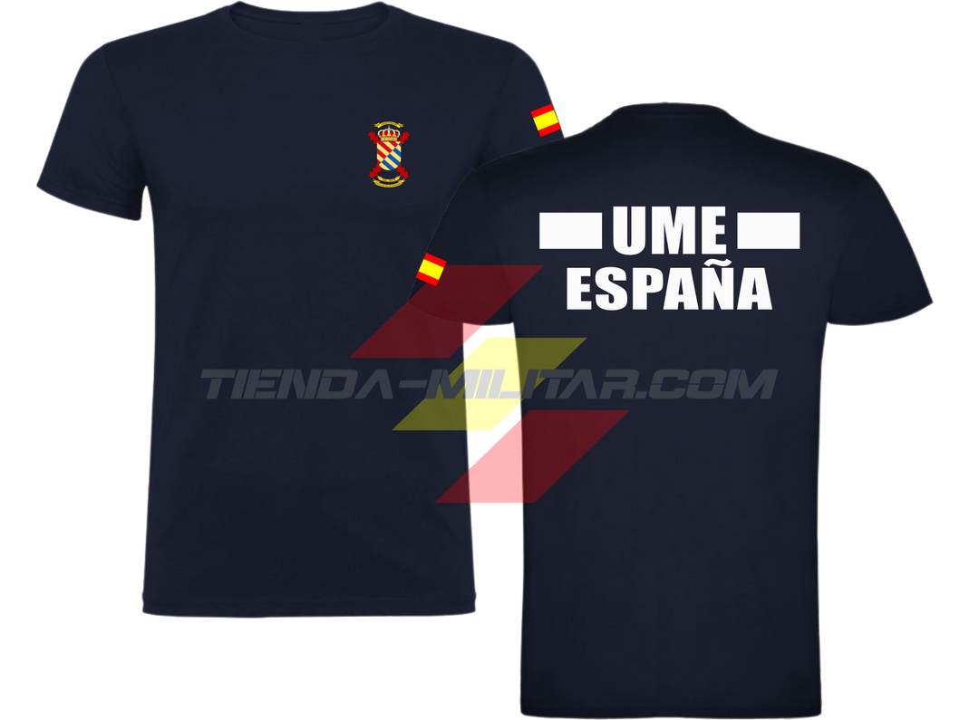 Camiseta de algodón militar UME color azul marino con escudo UME en el pecho, bandera de España en el hombro y texto UME España en la espalda