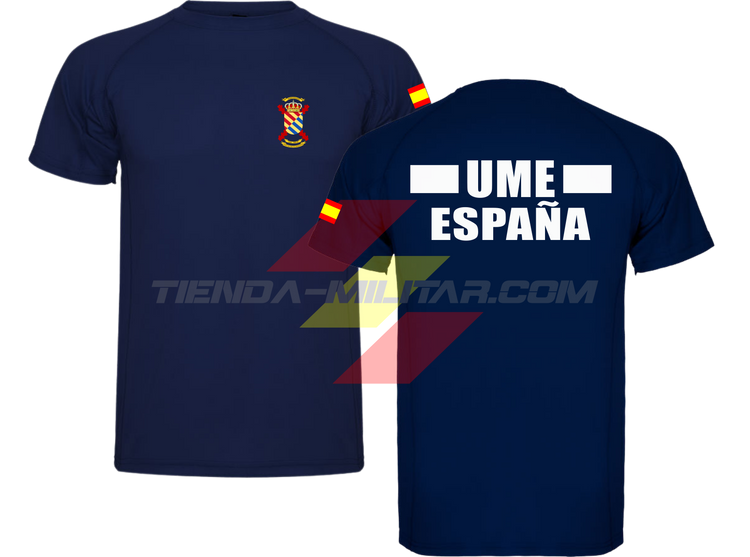 Camiseta técnica militar UME color azul marino con escudo UME en el pecho, bandera de España en el hombro y texto UME España en la espalda