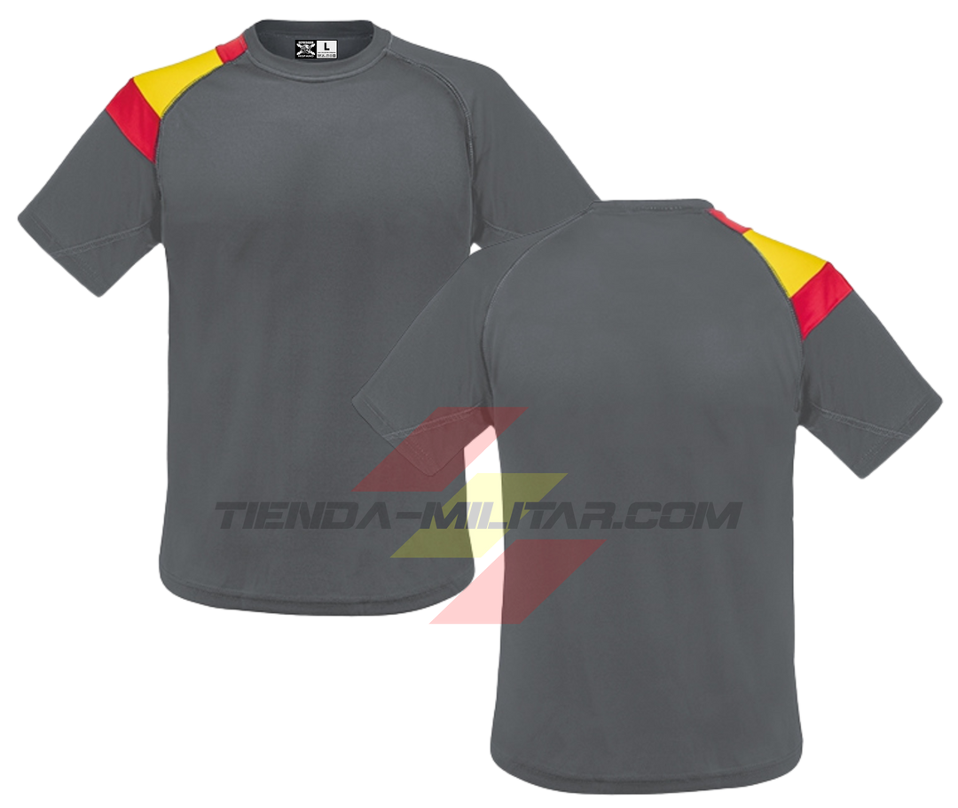 Camiseta técnica militar personalizada color gris con bandera de España en el hombro
